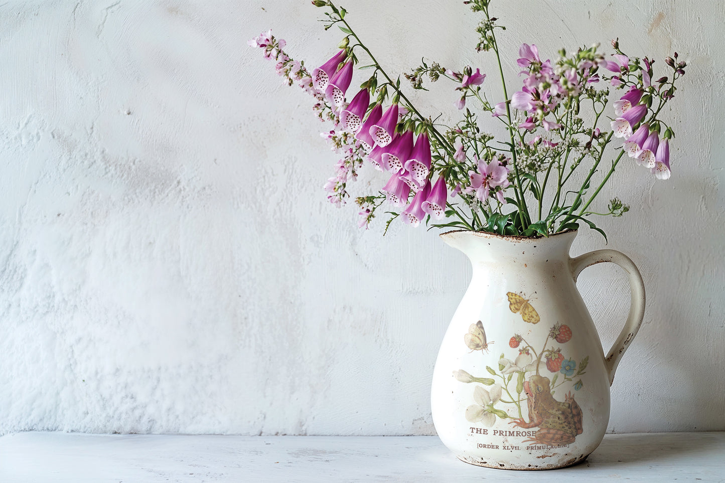 Vintage pitcher with floral arrangement against a white wall