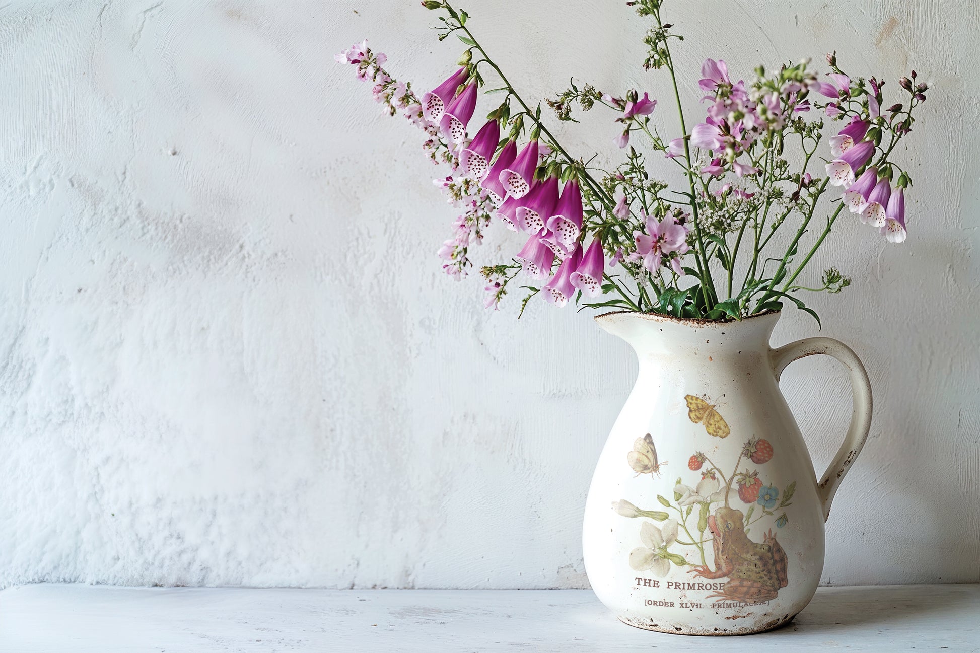 Vintage pitcher with floral arrangement against a white wall
