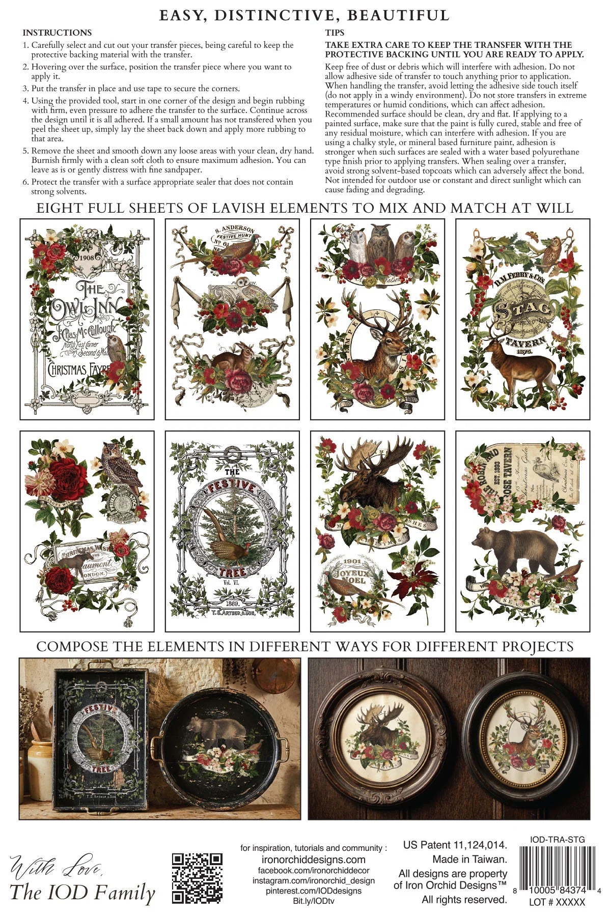Instruction sheet for Lavish Elements quilting pattern by The IOD Family, showing eight decorative floral and animal embroidery designs, assembly instructions, and example finished circular quilt designs.