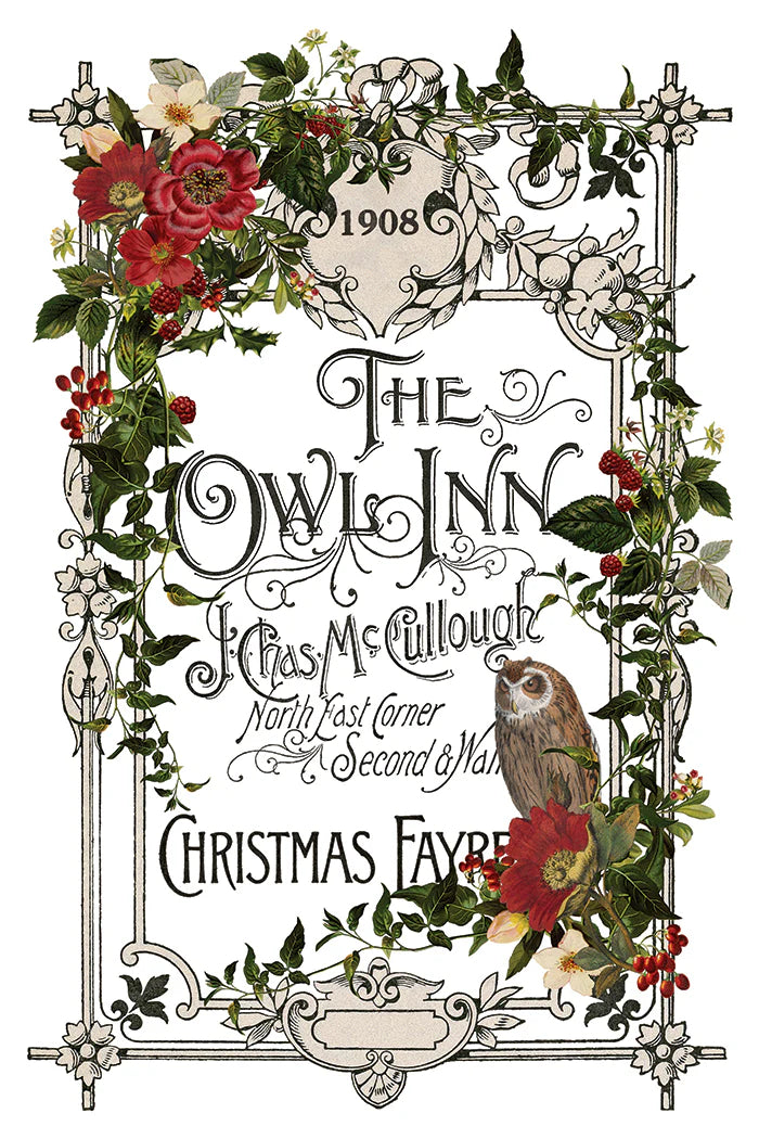 Vintage-style illustrated book cover for 'The Owl Inn' by Folas McCallough, featuring ornate black script text surrounded by a decorative border with red flowers, green leaves, berries, and a brown owl on a white background.