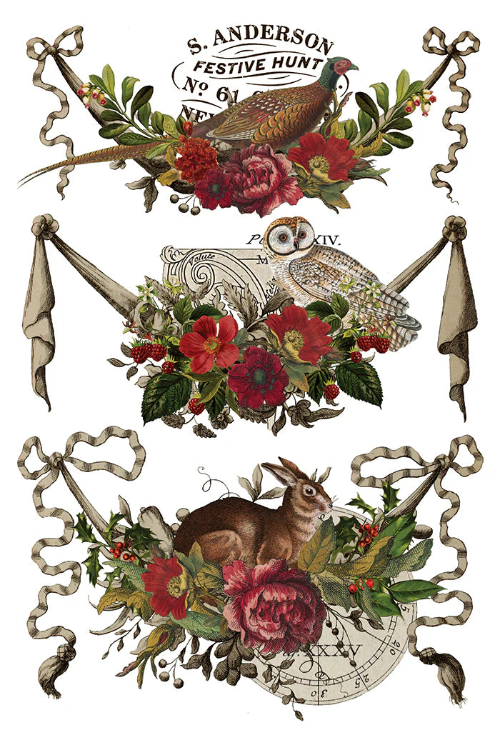 Three vintage-style hunting illustrations arranged vertically on a white background, each featuring a bird (pheasant, owl, rabbit), red flowers, green leaves, and ribbon banners. The top design includes the text 'S.
