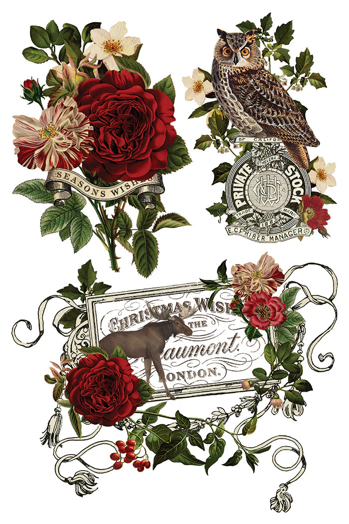 A vintage-style collage of illustrated floral arrangements, an owl, and decorative text banners on a white background. The designs include red and cream roses, green leaves, holly, an owl with a crest, and ornate lettering such as 'Christmas Wishes' and 'The Laumont London.
