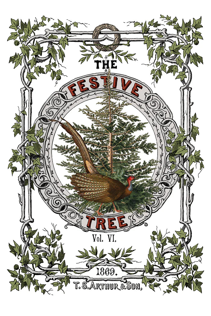 Vintage-style illustrated cover art for 'The Festive Tree Vol. VI' featuring a pheasant in front of evergreen trees, surrounded by ornate decorative border elements and leafy vines on a white background.