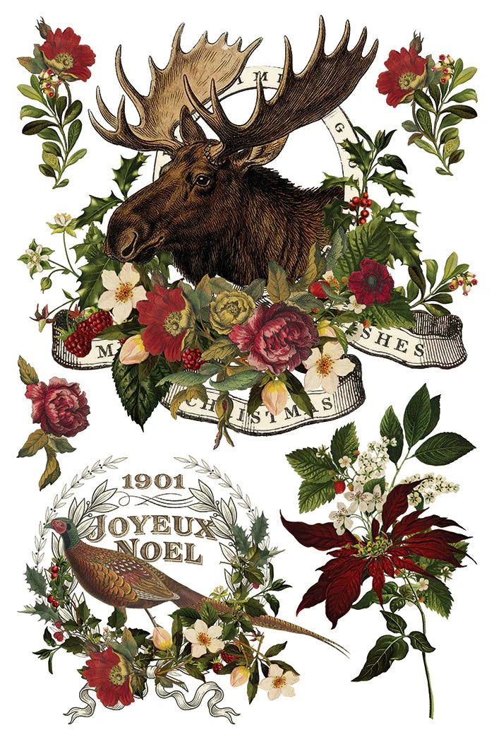 Vintage Christmas collage print featuring a moose head surrounded by red and white flowers, green leaves, holly, a pheasant, poinsettia, ribbons, and text reading 'M. Christmas', '1901', and 'Joyeux Noel' on a white background.