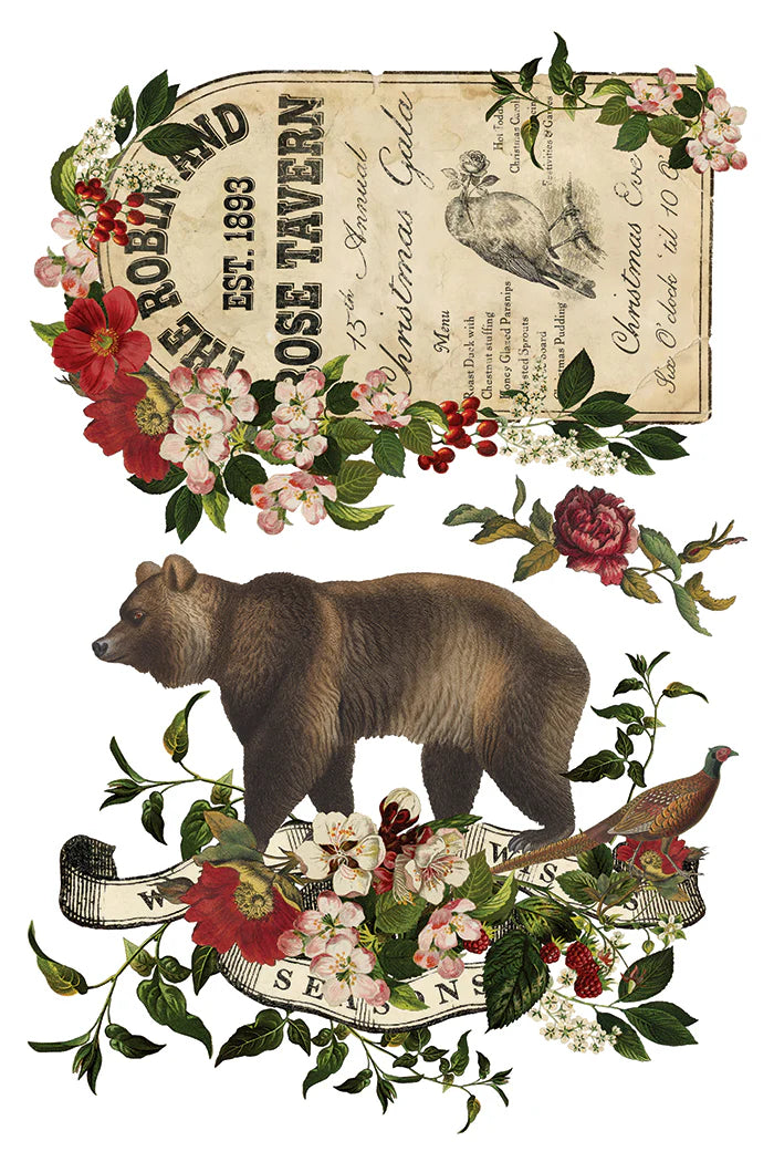 Vintage-style illustrated label or packaging design featuring a brown bear, flowers, leaves, and script text on a white background.