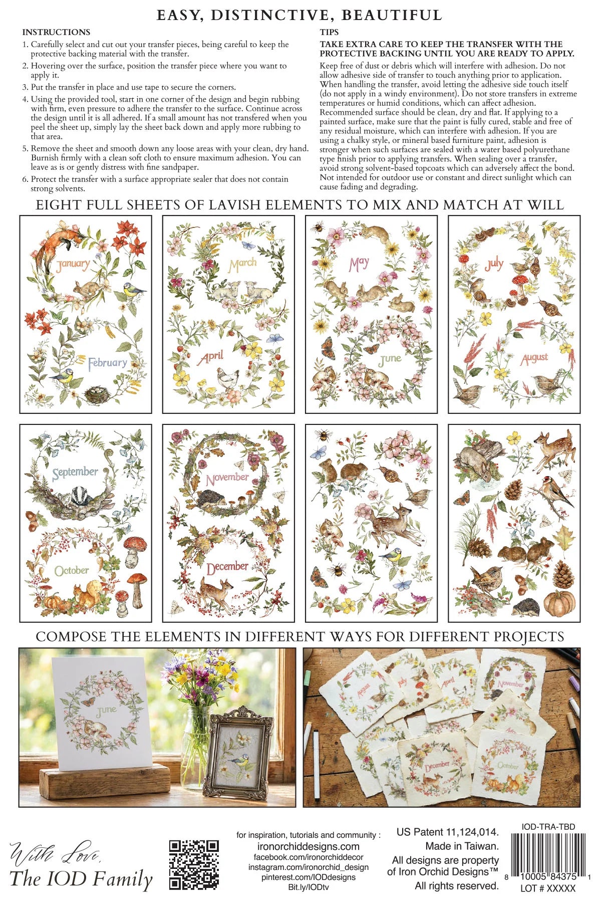 Instruction sheet for Lavish Elements cardstock by The IOD Family, showing a grid of floral and botanical card designs, a section with numbered usage tips, and example composite layouts on a white background.