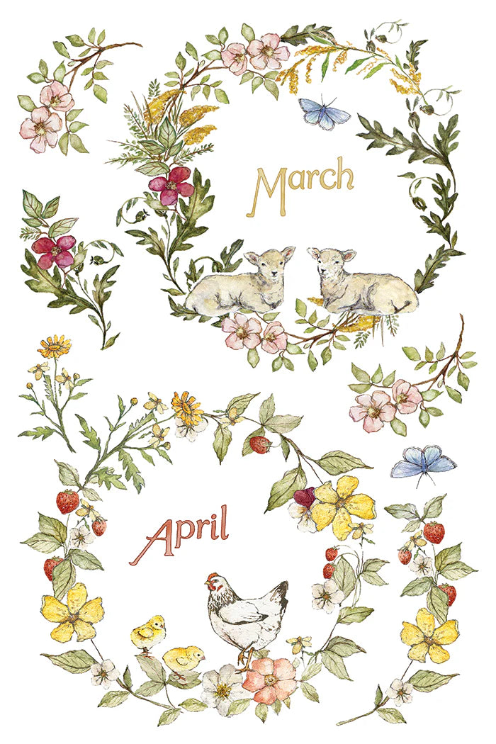 Vintage-style botanical calendar illustration showing floral wreaths with the months March and April, including sheep, a chicken, chicks, flowers, berries, and butterflies on a white background.