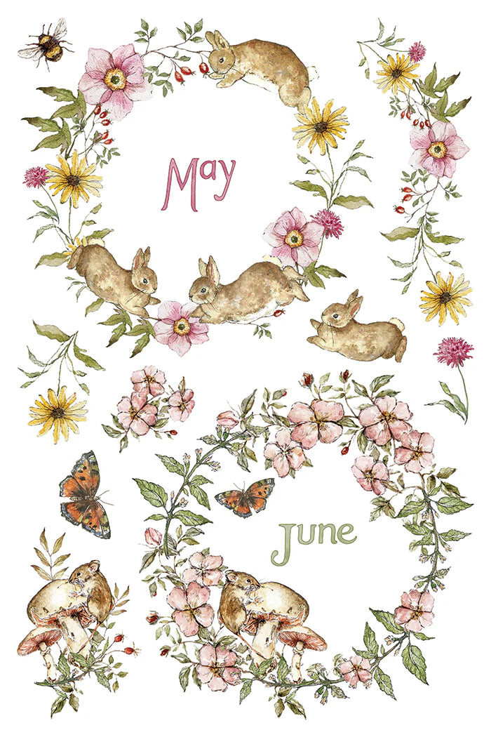 A watercolor-style floral and animal collage on a white background, featuring rabbits, flowers, butterflies, leaves, and the words 'May' and 'June' in soft pastel lettering.