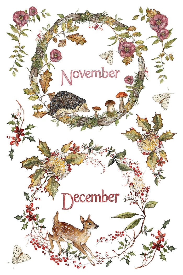 A decorative seasonal illustration on a white background showing two circular woodland wreaths, one labeled November with a hedgehog and mushrooms, and one labeled December with a fawn, holly leaves, berries, flowers, and butterflies.