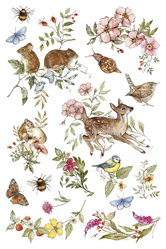 A sheet of watercolor-style nature illustrations on a white background, featuring a deer, birds, butterflies, bees, flowers, and small animals arranged as a collage.