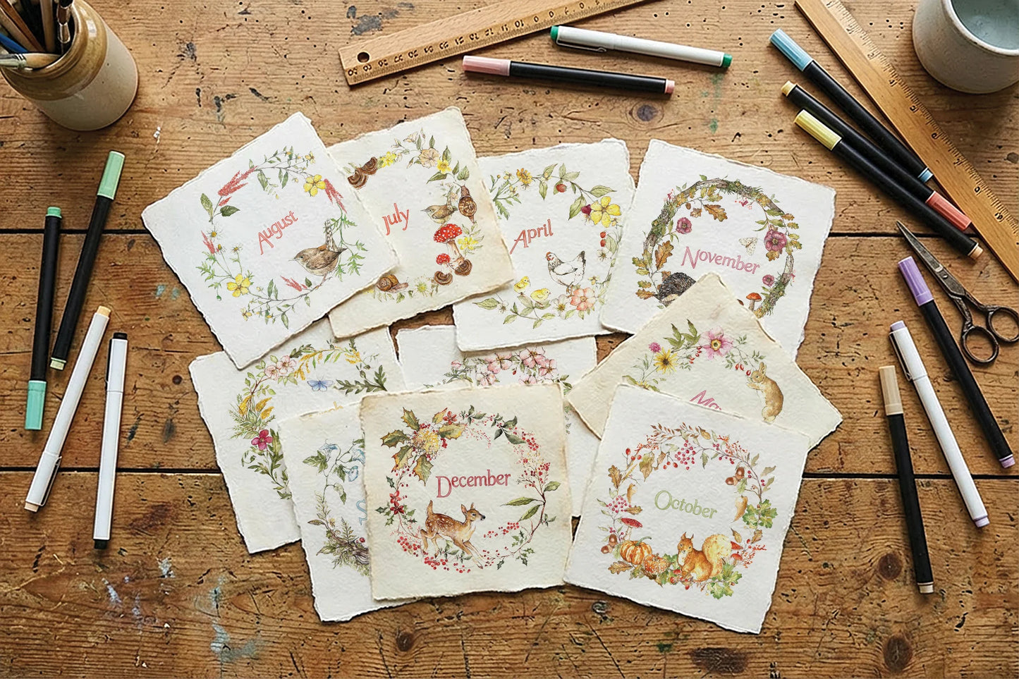A flat-lay arrangement of ten handmade paper monthly cards featuring watercolor illustrations of woodland animals and seasonal wreaths, styled on a rustic wooden table with colored pencils, scissors, and rulers.