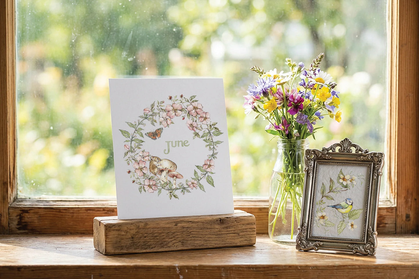 A white art print card featuring a floral wreath and the word 'June' in the center, displayed on a rustic wooden block on a windowsill. Next to it is a small ornate silver picture frame and a glass jar filled with colorful wildflowers, all set against a soft, blurred green garden background.