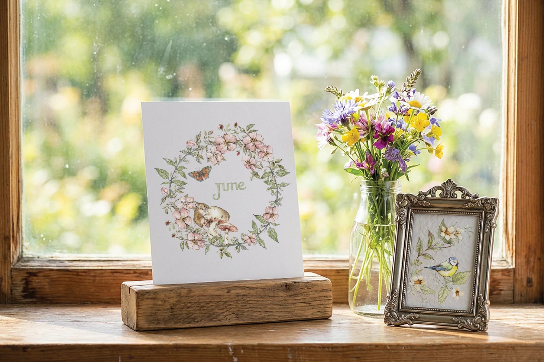 A white art print card featuring a floral wreath and the word 'June' in the center, displayed on a rustic wooden block on a windowsill. Next to it is a small ornate silver picture frame and a glass jar filled with colorful wildflowers, all set against a soft, blurred green garden background.