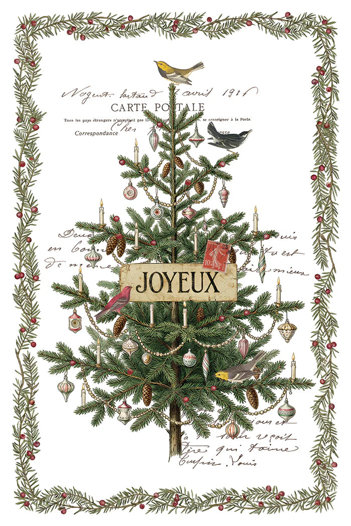 A vintage-style Christmas art print featuring a decorated evergreen tree with ornaments, birds, and a central 'JOYEUX' sign, surrounded by a wreath border and cursive script on a white background.