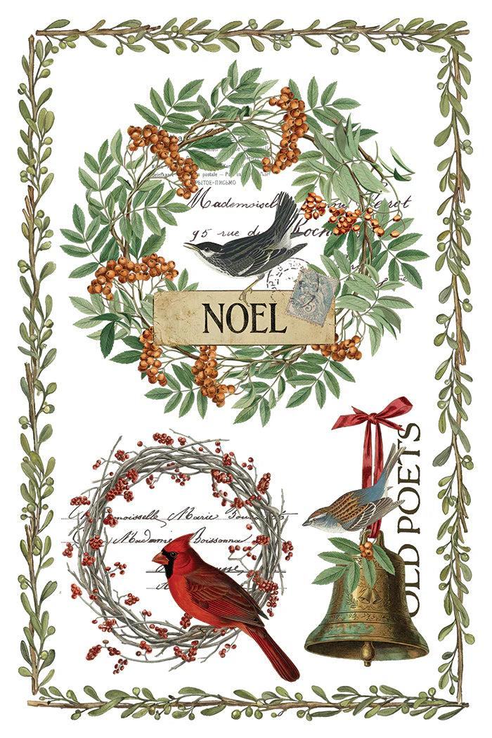A vintage-style Christmas art print featuring two wreaths with birds, a green leaf border, a hanging brass bell with a red ribbon, cursive script, and the word 'NOEL' on a wooden plaque.