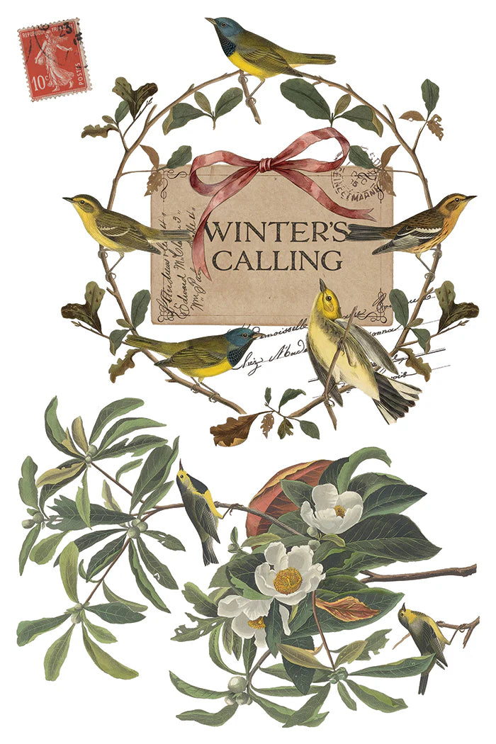 Vintage-style winter illustration with the words “WINTER’S CALLING” centered on a kraft-paper card, surrounded by a wreath of leaves and birds. Additional illustrated branches with green leaves, white flowers, and small birds appear below, and a red postage stamp is shown in the upper left on a white background.