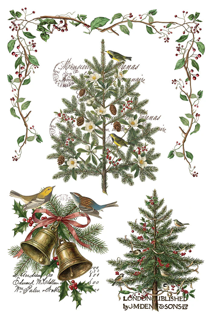 A vintage-style Christmas illustration sheet featuring two evergreen trees, two birds, two brass bells with a red ribbon, holly leaves, berries, and a decorative border of branches and leaves on a white background with cursive text.