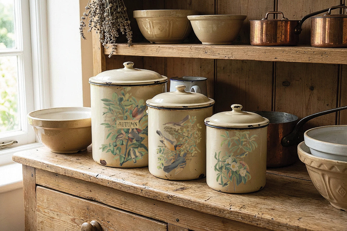 Three vintage-style ceramic canisters with lids, decorated with botanical and bird illustrations, displayed on a rustic wooden kitchen counter next to a window.