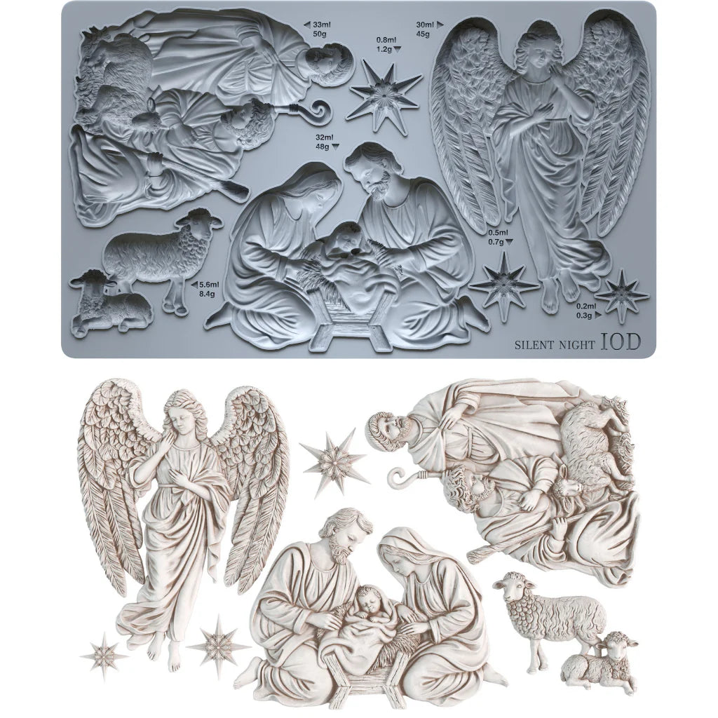 A 10D silicone mold set featuring detailed Christmas nativity and angel designs, shown both in its gray silicone form and as the finished light beige carved plastic pieces.