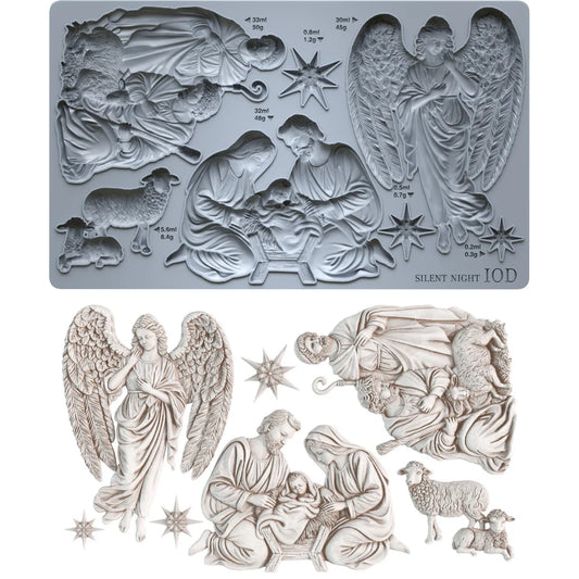 A 10D silicone mold set featuring detailed Christmas nativity and angel designs, shown both in its gray silicone form and as the finished light beige carved plastic pieces.