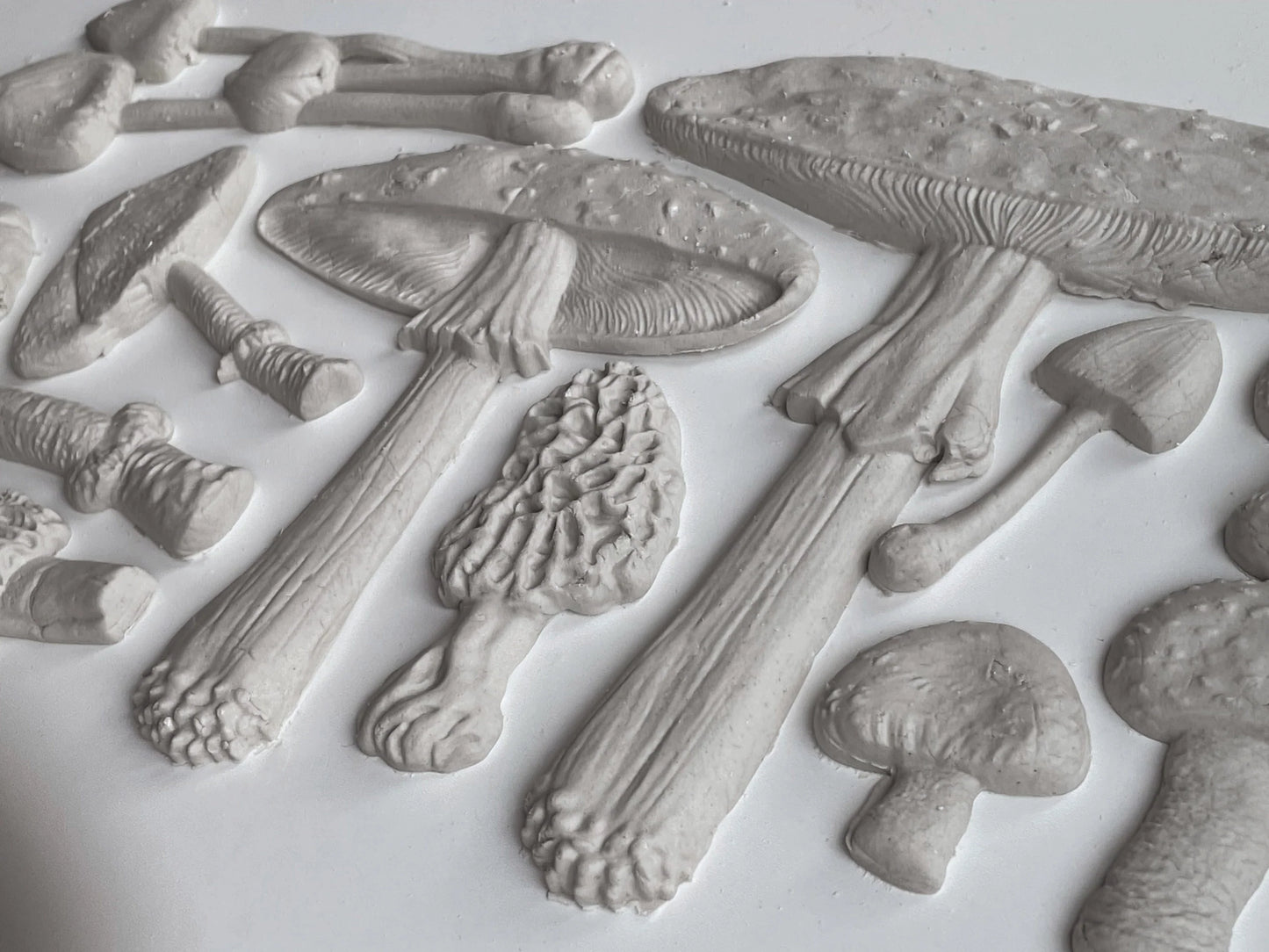 Gray mushroom sculptures on a white background