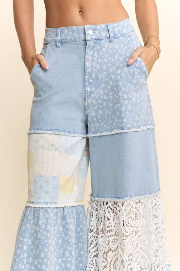 Floral Denim & Lace Patchwork Wide-Leg Pants: Black Denim Multi