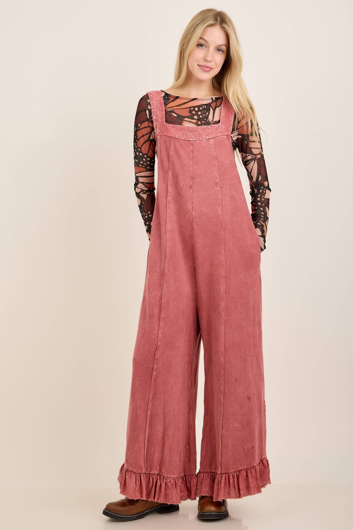 Mineral Washed Eyelet Bow Ruffle Jumpsuit Moss Green