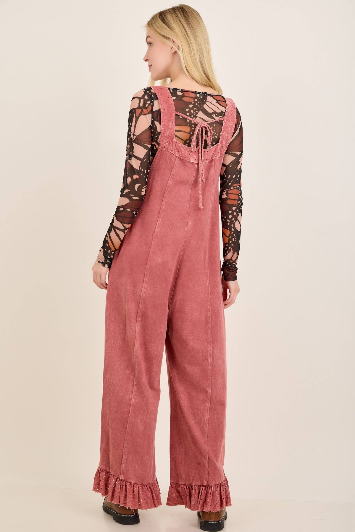 Mineral Washed Eyelet Bow Ruffle Jumpsuit Moss Green