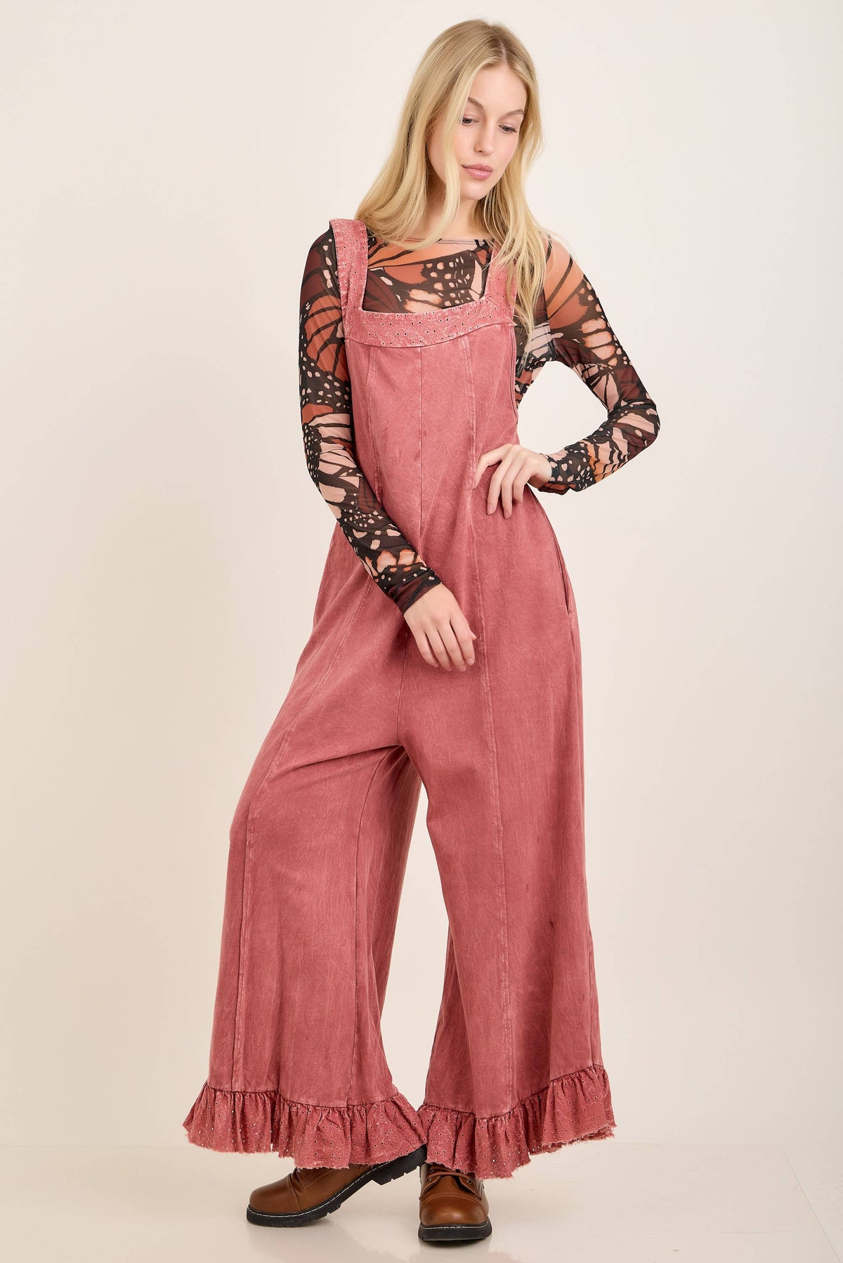 Mineral Washed Eyelet Bow Ruffle Jumpsuit Moss Green