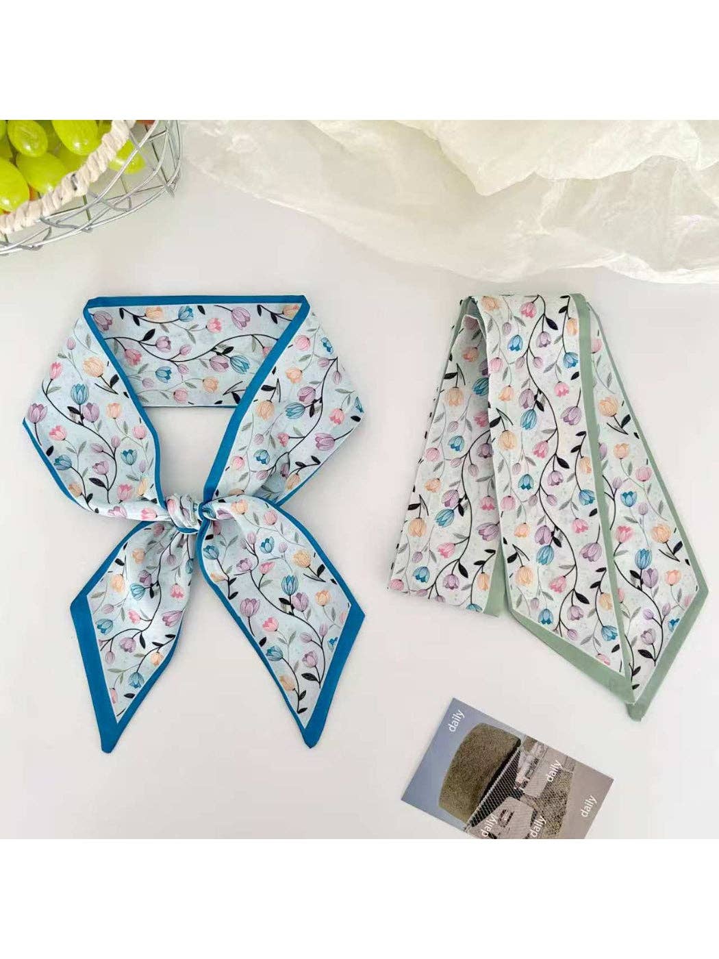 Scarvii - Tulip Floral Print Skinny Scarf: Blue
