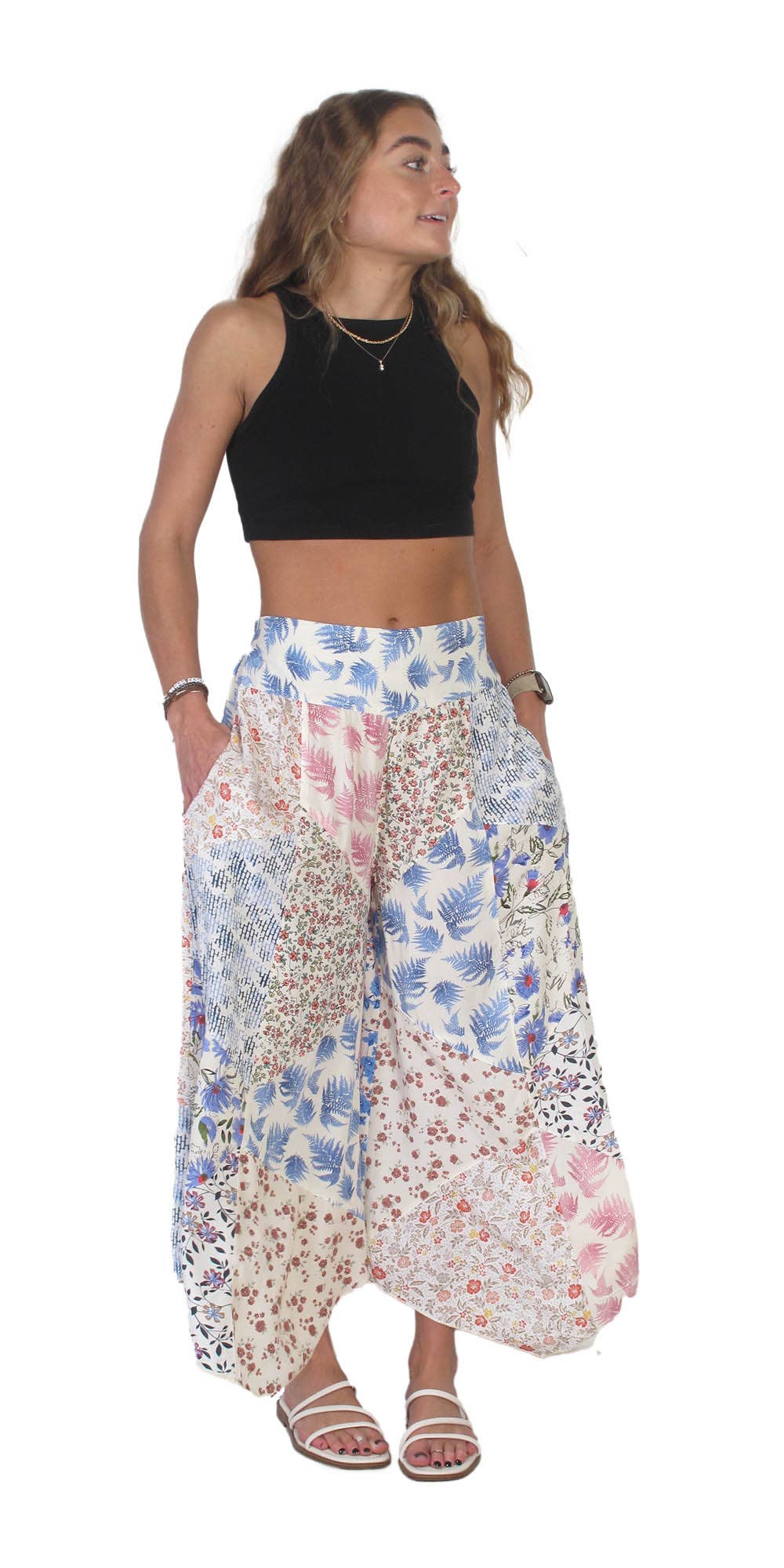 Capri Palazzo Pants in Patchwork Printed Rayon: Ivory