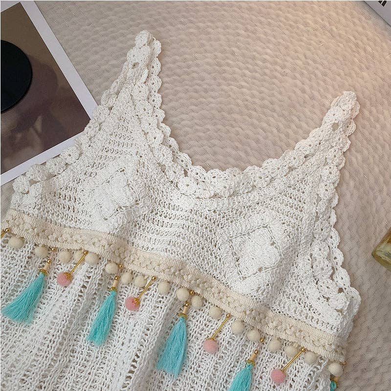 Vintage Fringe Hollow-Out Sleeveless Knit Vest: WHITE / AVERAGE