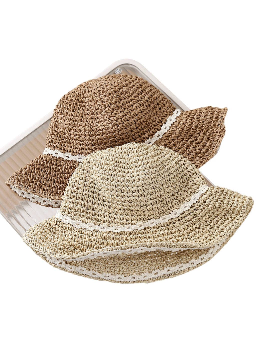 Haila - Soft Straw Look Lace Edge Bucket Hat: Beige