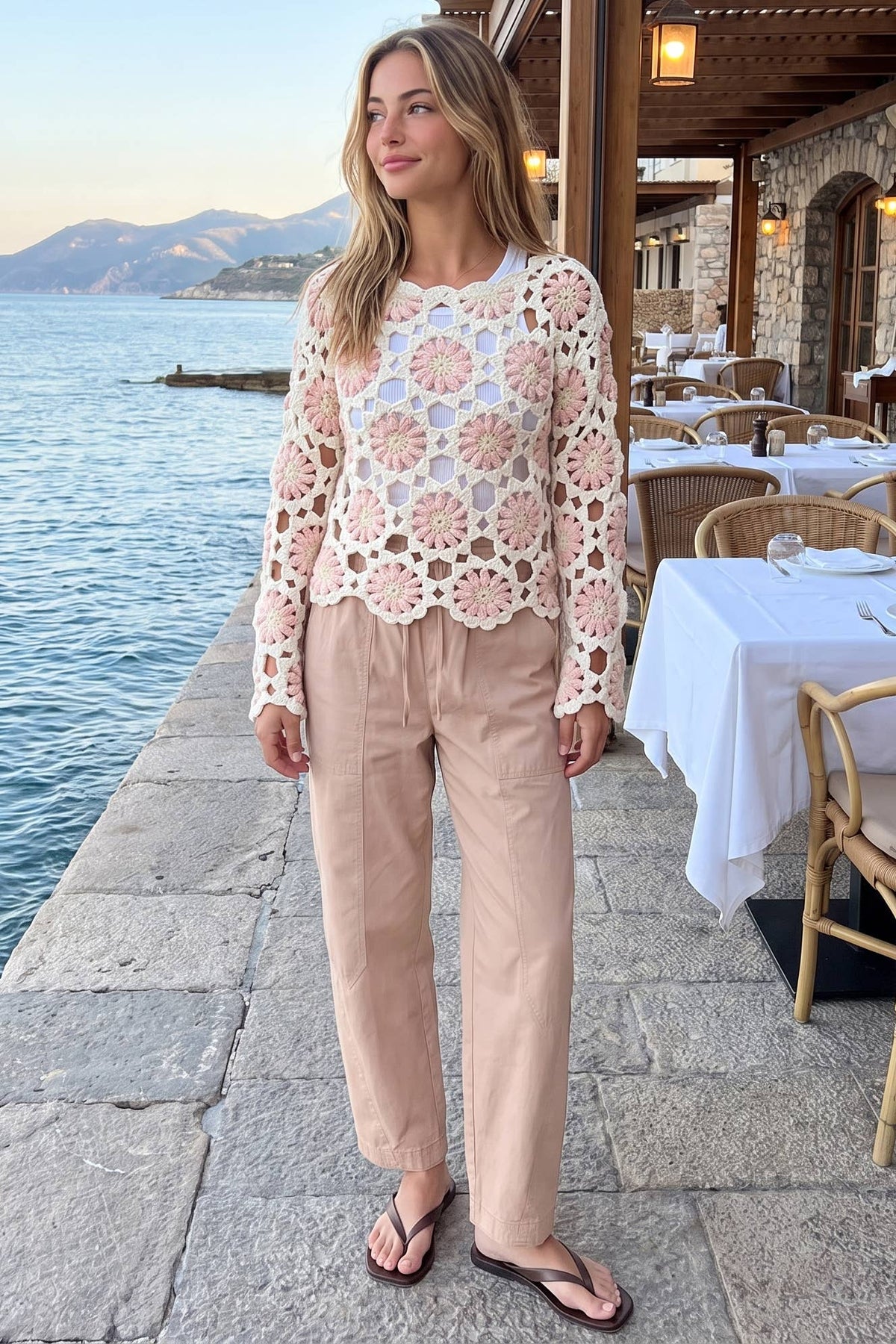 Coastal Bloom Crochet Sweater: Ivory Blush