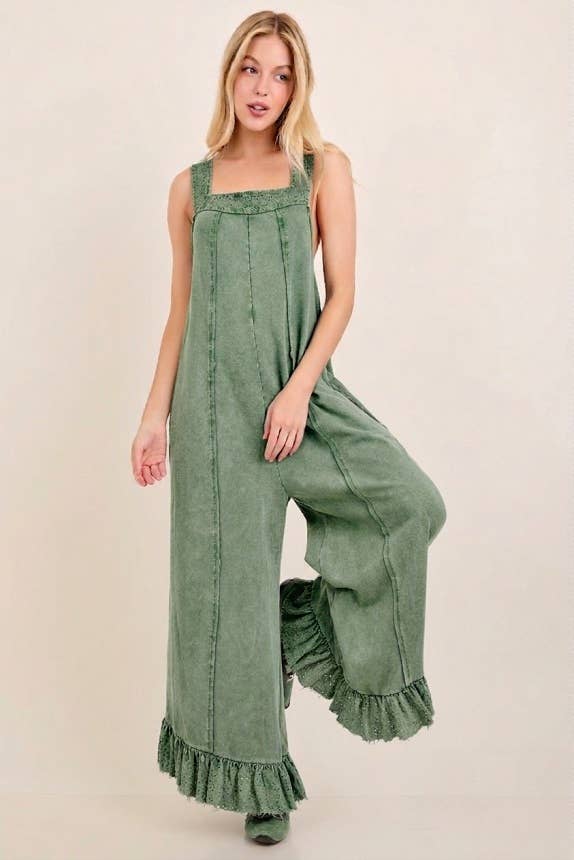 Mineral Washed Eyelet Bow Ruffle Jumpsuit Moss Green