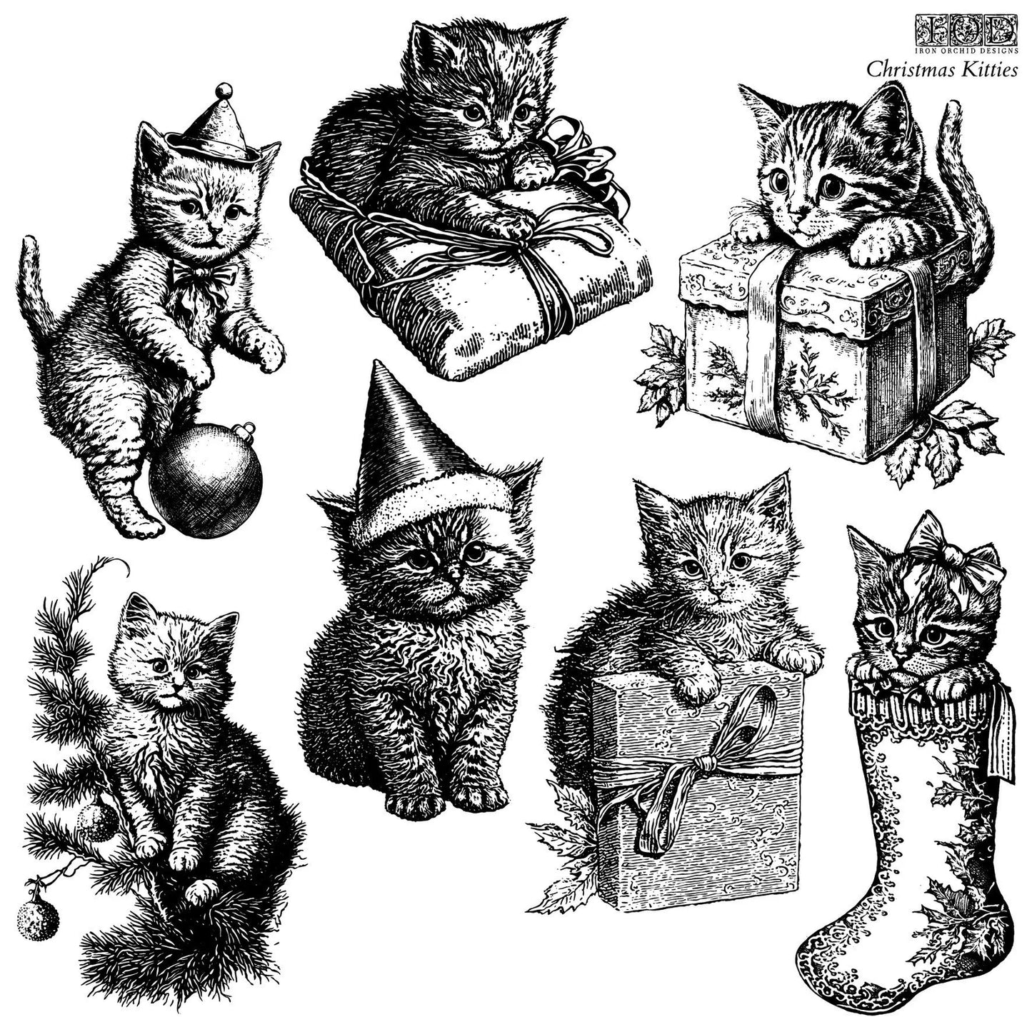 IOD Christmas Kitties Decor Stamp By Iron Orchid Design ( 12 x 12) RETIRED