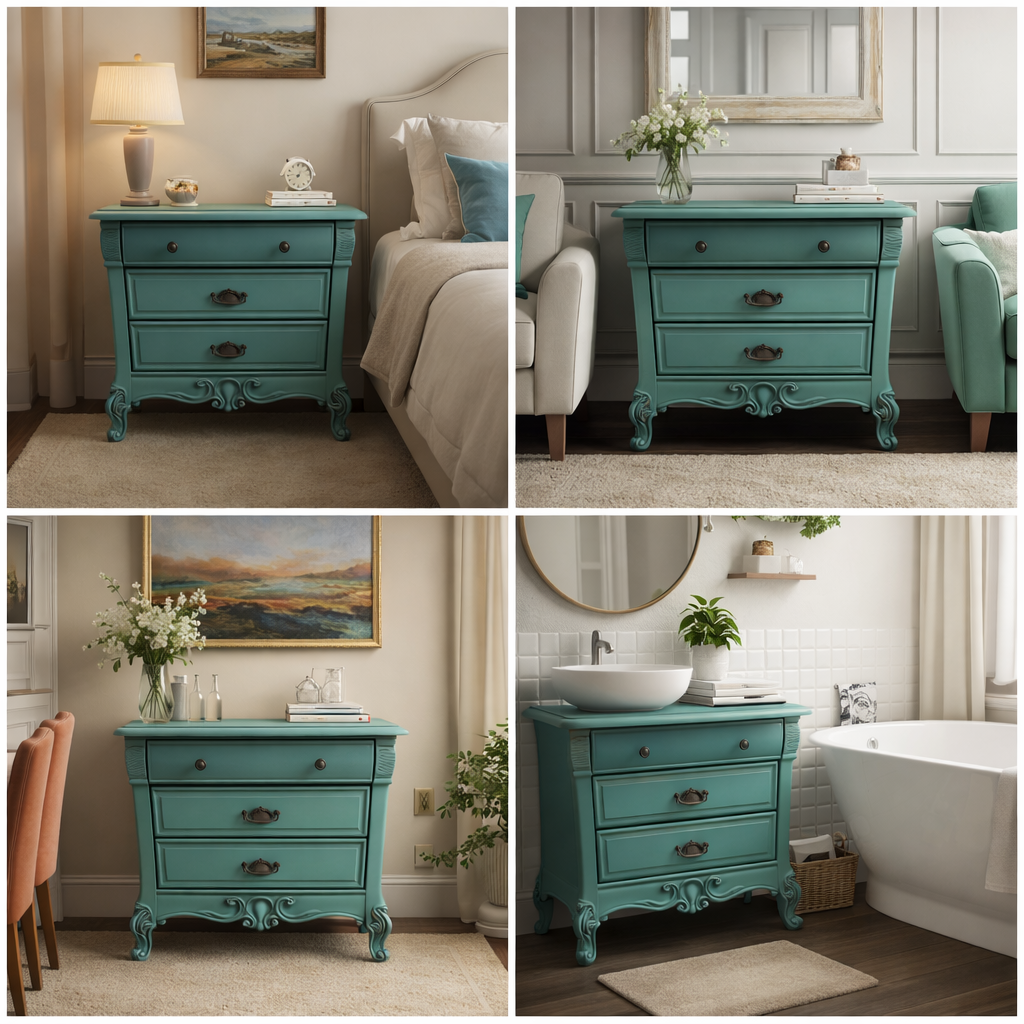 Collage of a teal dresser in various rooms including a bedroom, bathroom, and dining area.