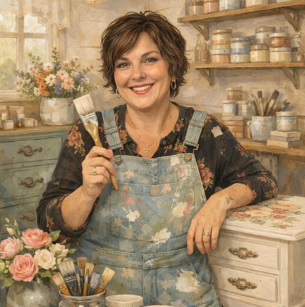 Woman in a studio holding a paintbrush, surrounded by art supplies and flowers.