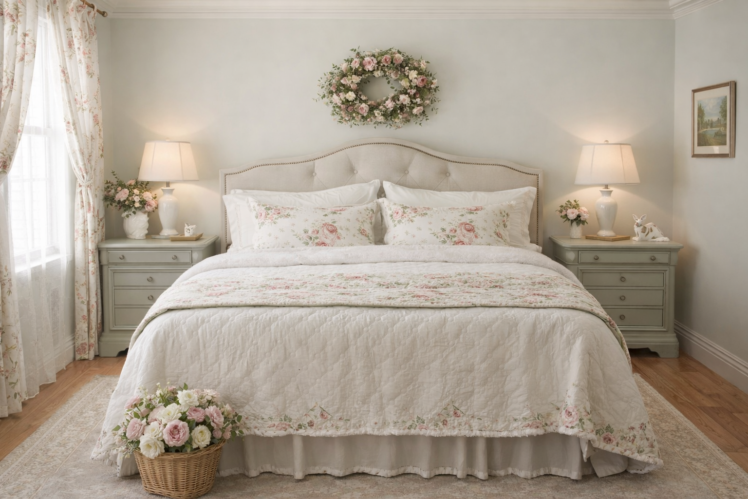 Neatly made bed with floral bedding in a bedroom setting.