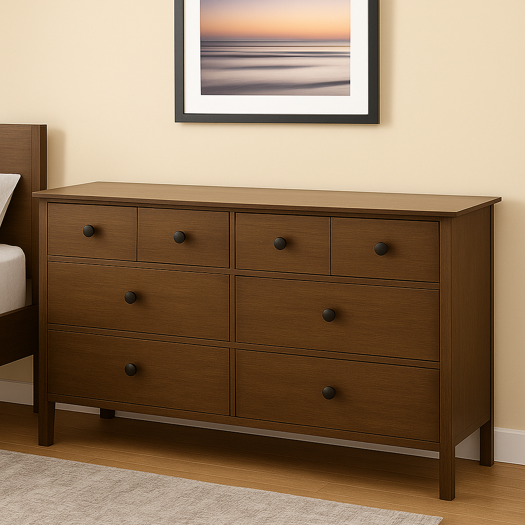 Wooden dresser with multiple drawers in a room setting.