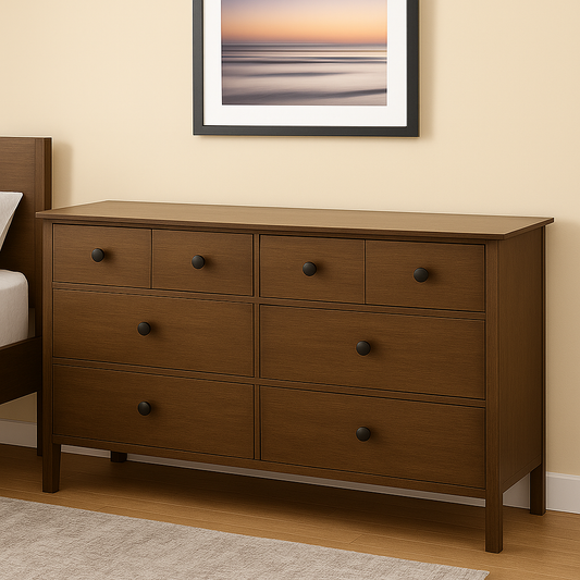 Wooden dresser with multiple drawers in a room setting.