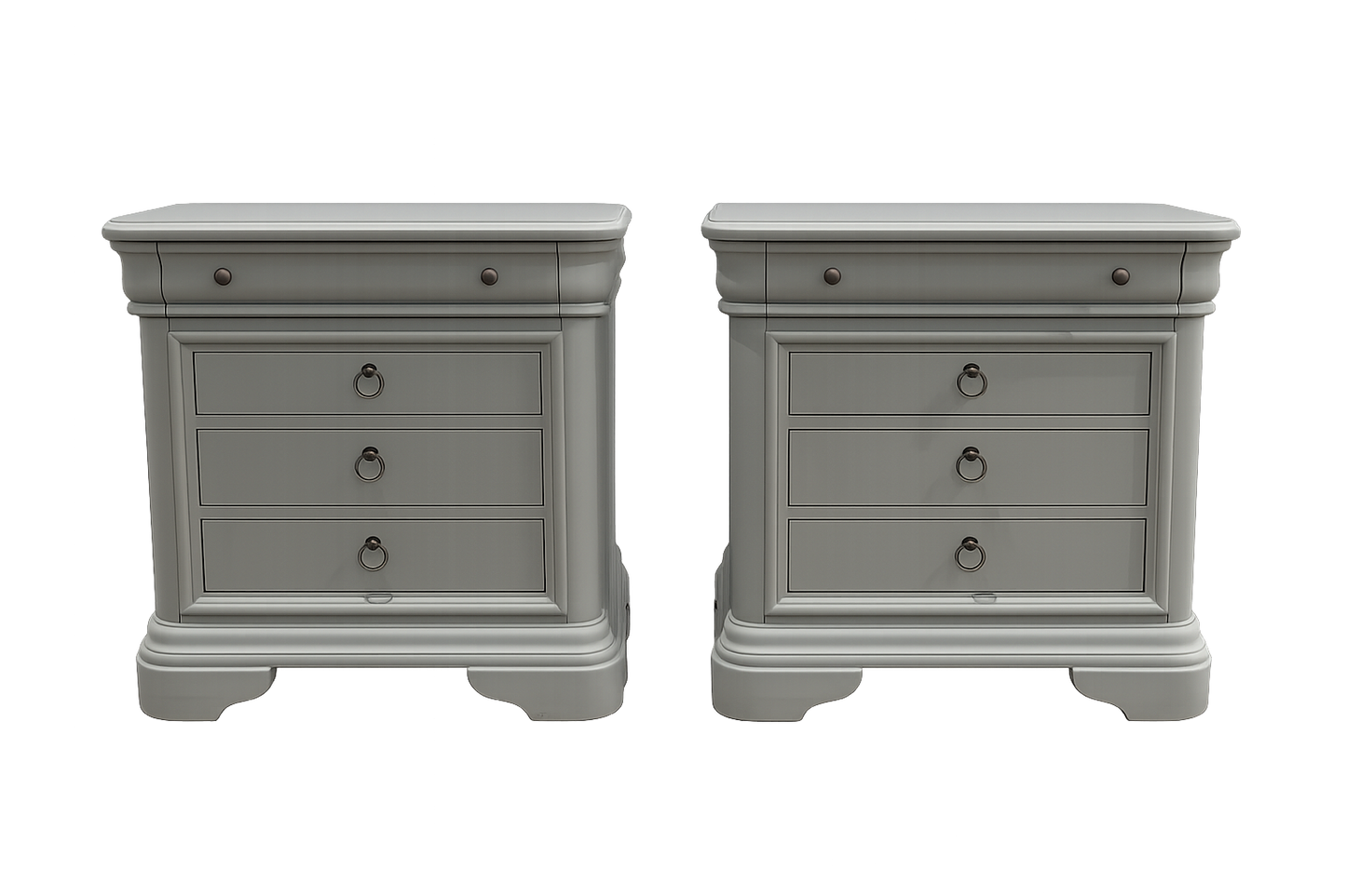 Two gray nightstands with drawers on a white background