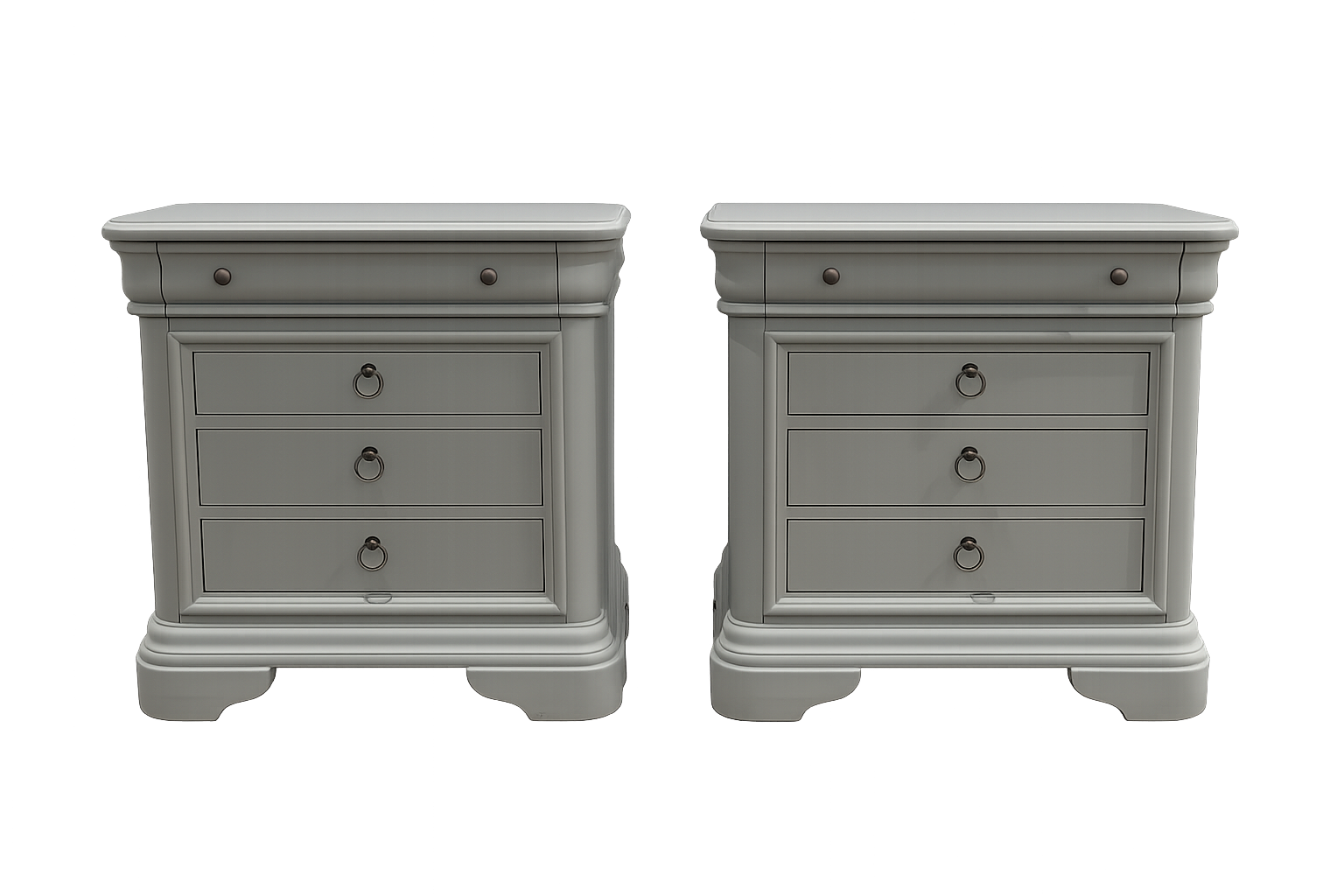 Two gray nightstands with drawers on a white background