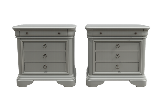 Two gray nightstands with drawers on a white background