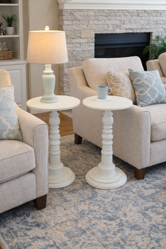 Living room with two white side tables, a lamp, and a sofa with decorative pillows.