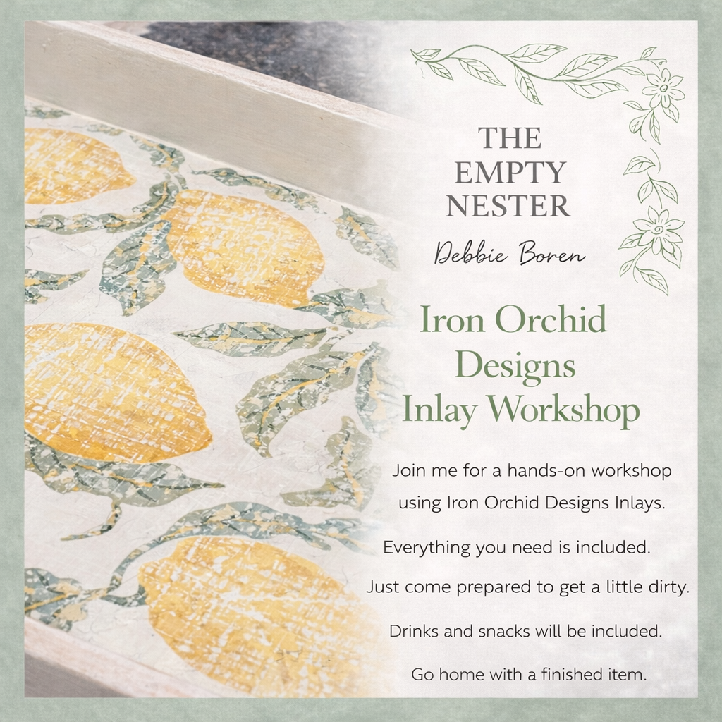 Advertisement for Iron Orchid Designs Inlay Workshop with lemon pattern on fabric.