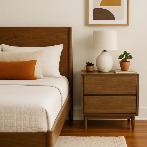 Wooden bed with white bedding and orange pillow, nightstand with lamp and plants, abstract art on wall.