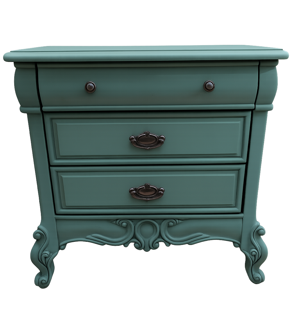 Teal dresser with decorative carvings on a white background
