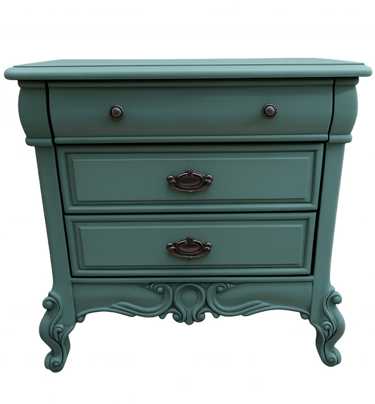 Teal dresser with decorative carvings on a white background